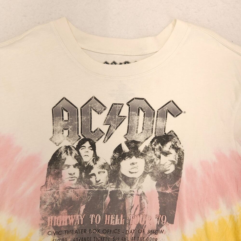 ACDC Band Graphic Short Sleeve Crop Top T Shirt Womens Size Large L Tie Dye
